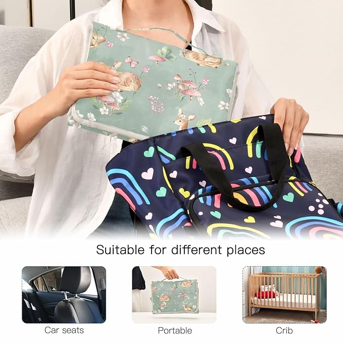 Deer Portable Diaper Changing Pad with Wipes Holder, Woodland Fawn Foldable Baby Diaper Changer Travel Bag Forest Animals Baby Changing Mat with Built-in Pillow for Newborn