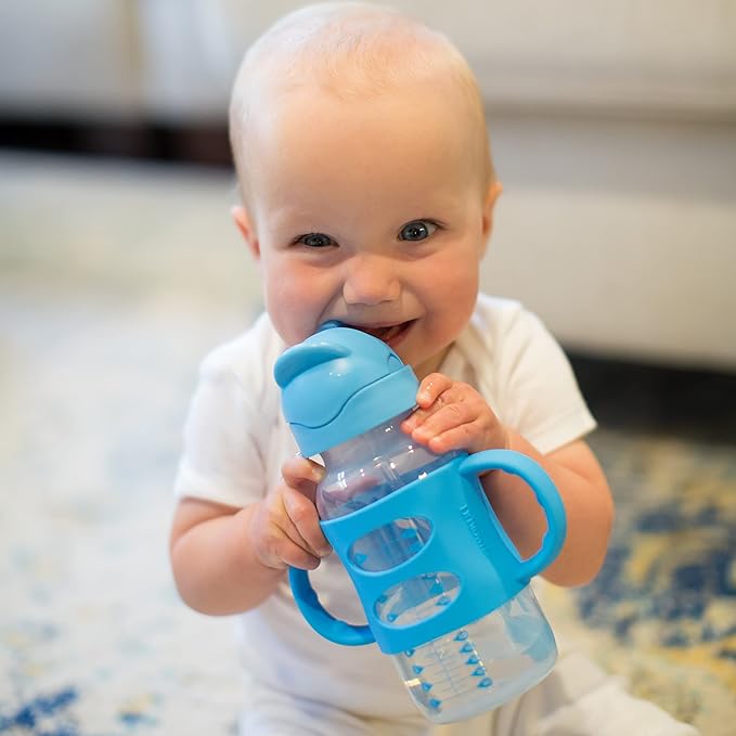 Dr. Brown's Milestones Wide-Neck Sippy Spout Bottle with 100% Silicone Handles & Milestones Wide-Neck Sippy Straw Bottle with 100% Silicone Handles and Weighted Straw, 9 oz/270 mL, Gray & Blue, 6m+