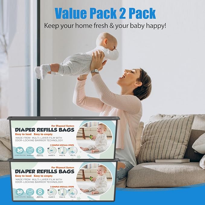 Diaper Pail Refills Bags with 30 Bags Compatible with Genie Easy Roll Signature and Platinum Diaper Pails, 7-Layer Odor-Barrier Technology, 2 Pack (60 Bags)