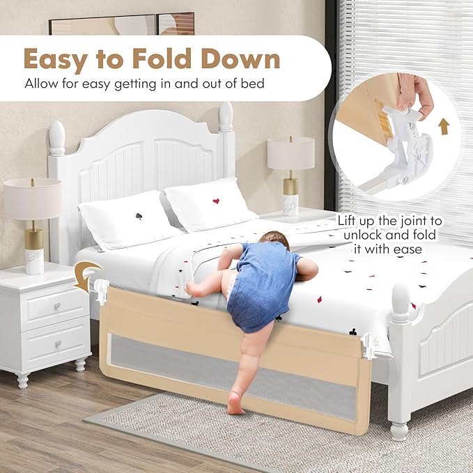 Costzon Bed Rail for Toddlers, 2 PCS Extra Long Swing Down Safety Bed Guards w/Straps for Convertible Crib, Kids Twin, Double, Full Size, Queen & King Bed, Folding Bed Rails for Baby (71-Inch, Beige)