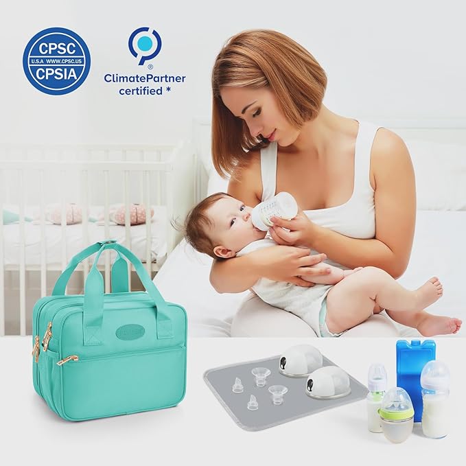 PIIOSER Breastmilk Cooler Travel Bag with Ice Pack, Compatible with Wearable Breast Pumps & Accessories - Portable Hands Free Breast Pump Carrying Case for Nursing & Working Moms, Green