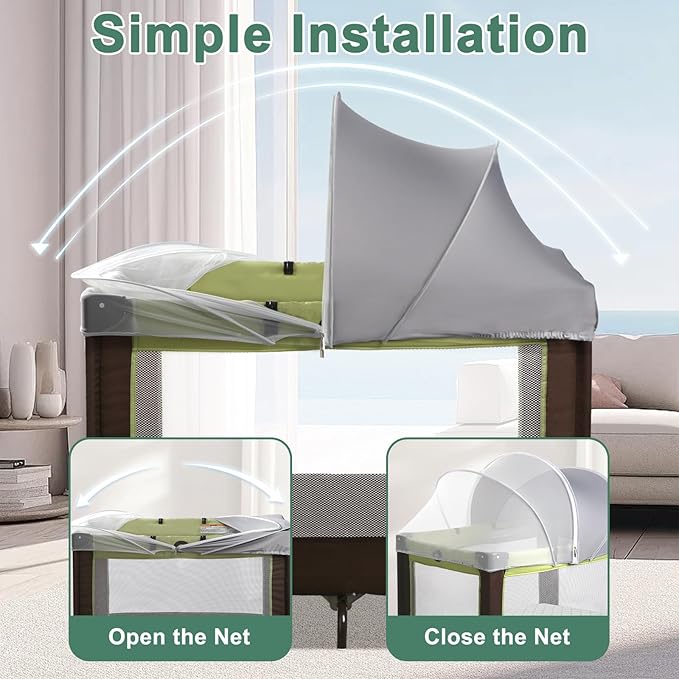 Pack N Play Tent Cover & Bassinet Canopy - Half-Blackout Breathable Mosquito Net with 2-Way Zipper for Bassinet, Travel Crib, Mini Crib & Playpen to Keep Cats Out (Gray-Large)