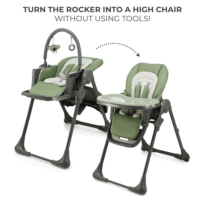 Kinderkraft Tummie, 2-in-1 high Chair, Baby Chair, Ergonomic, Comfortable, Reclining, Foldable, with Ajustable Height, Footrest, Detachable Tray, for Toddler, with Toys, Green