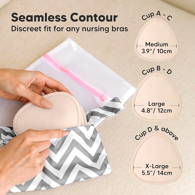 Organic Nursing Pads - 14 Washable Breast Pads for Breastfeeding, Wash Bag, Reusable Nipple Covers for Breastfeeding Essentials, Soft & Absorbent (Bare Beige, L 4.8")