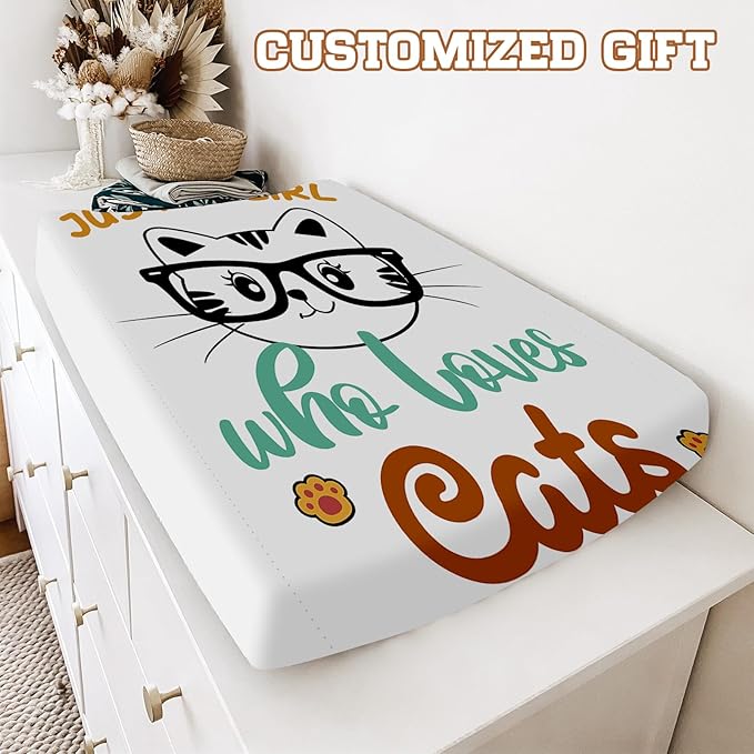 Custom Name Changing Pad Cover - 2 Piece Customizable Changing Pad Cover - Cat Print Cotton Toddler Baby Pee Pad Cover for Diaper Changing Table Nursery Protector