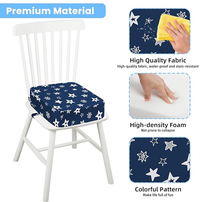 Toddler Booster Seat for Dining Table Kitchen Chair, Kids Booster Seat with Non-Slip Bottom and Adjustable Straps, 4" Detachable Washable Portable Travel Increasing Cushion (Stars)