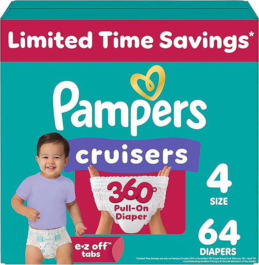 Pampers Diapers - Cruisers 360 - Size 4, 64 Count, Babyproof up to 100% Leakproof Pull-On Diaper