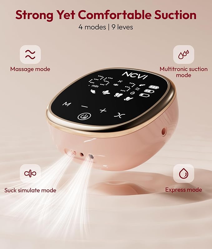 NCVI Wearable Breast Pump, in-Bra Hands-Free Electric Pump with Hospital-Grade -300mmHg Suction, Portable & Rechargeable Breast Pump, 4 Modes 9 Levels for Home, Work & On-the-Go