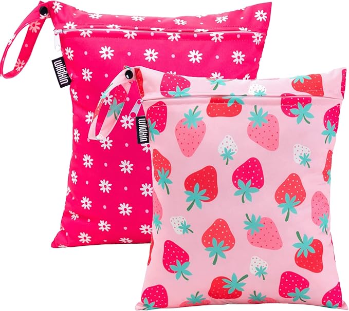 Wildkin Wet Bag Set for Boys, & Girls – Durable Zipper with Snap Loop Handle, Reusable Water-Resistant Bags for Beach, Pool, Travel & Gym - Strawberry Patch