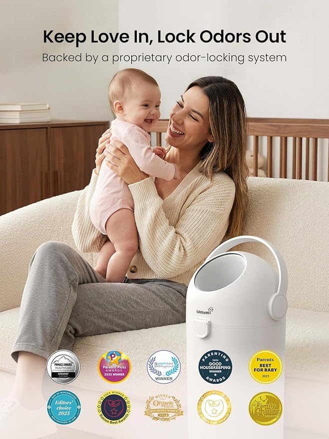 Grownsy Baby Diaper Pail, Odor-Locking Roll-Top Design, No Special Bag Required, One-Handed Use & Compact Design, Eco-Friendly Diaper Trash Can, Newborn Essentials, White