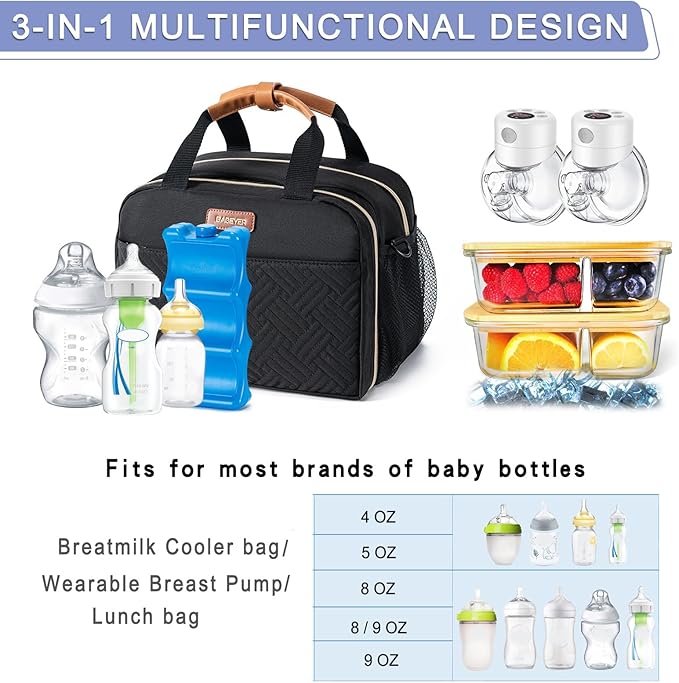 Breastmilk Cooler Bag with Ice Pack Fits 6 Baby Bottles Up to 9 Ounce, Compatible with Wearable Breast Pumps & Accessories-Black