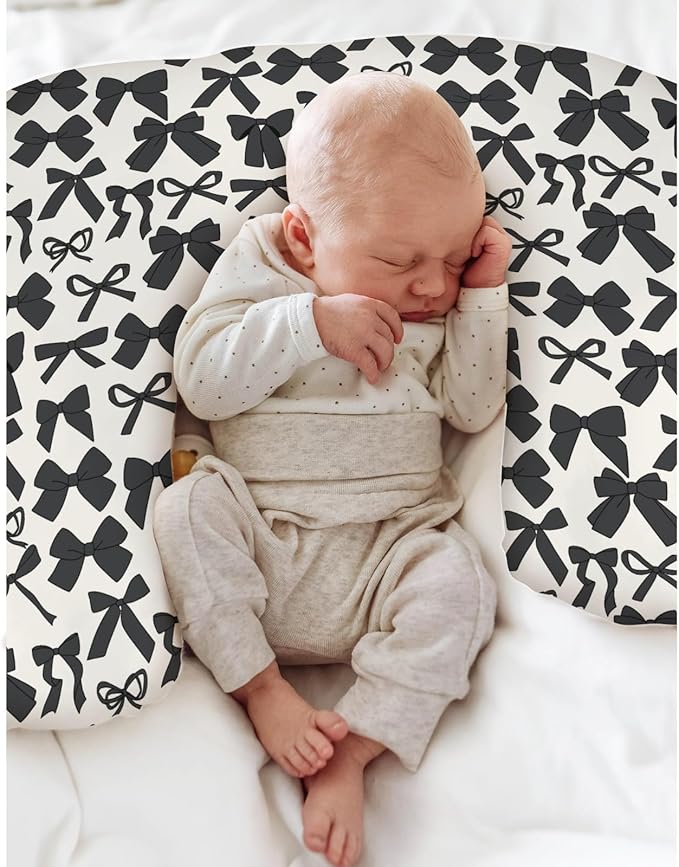 Black Bows Baby Nursing Pillow Covers for Girl Boy Valentine Bows Nursery Feeding Pillowcase for Breastfeeding Pillows Spring Black Ribbons Soft Stretchy Removable Slipcovers for Newborn Infant