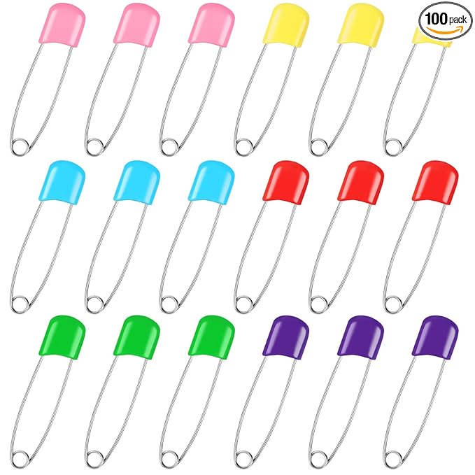 Joyberg 100 Pcs Diaper Pins, Baby Safety Pins, Diaper Pins for Cloth Diapers, Heavy Duty, Stainless Steel, ABS Plastic, Colorful (Red, Yellow, Pink, Blue, Green, Purple), 2.2in, Safe Locking Closures