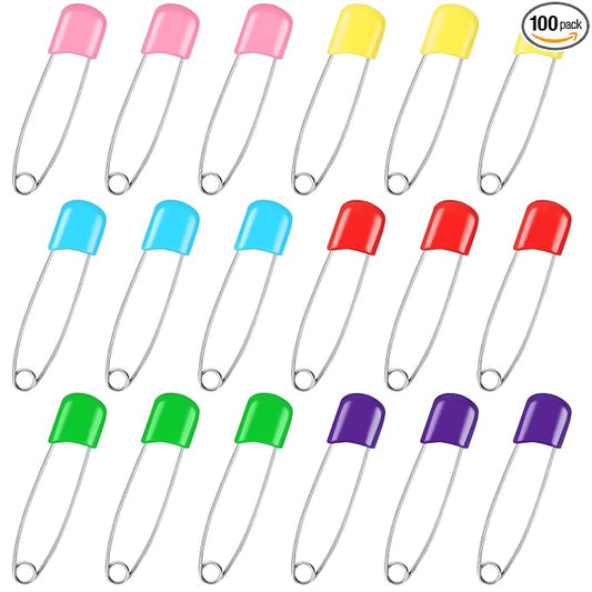 Joyberg 100 Pcs Diaper Pins, Baby Safety Pins, Diaper Pins for Cloth Diapers, Heavy Duty, Stainless Steel, ABS Plastic, Colorful (Red, Yellow, Pink, Blue, Green, Purple), 2.2in, Safe Locking Closures