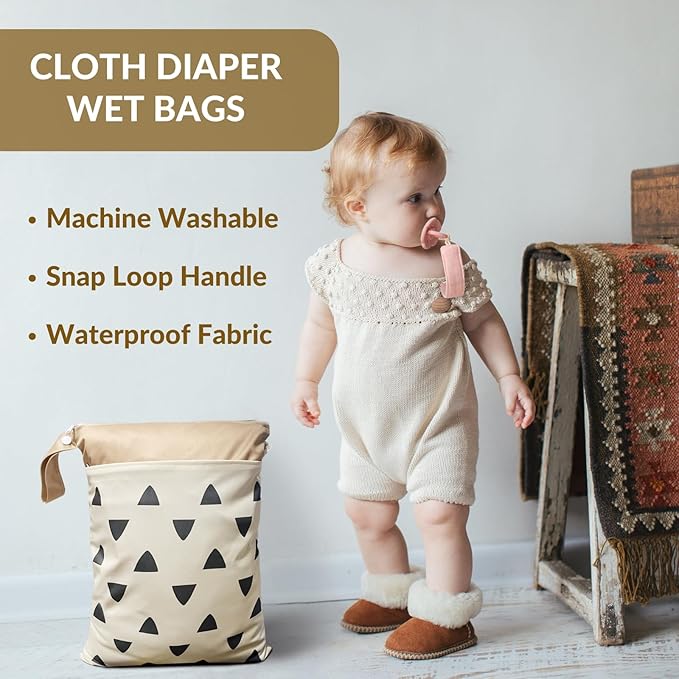 Cloth Diaper Wet Bags – Waterproof & Reusable Bag with 2 Zippered Pockets, 100% Polyester with Handle, Perfect for Stroller, Travel, Baby Essentials & Breast Pump Storage (Pale Mauve Wave)