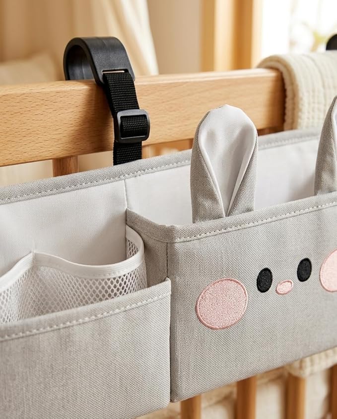 Adorable Bunny Hanging Diaper Caddy: 3-in-1 Heavy Duty Bassinet Organizer Attachment & Diaper Holder for Crib - Reinforced Oxford Cloth Storage - Stylish Gray Nursery Essential for New Parents
