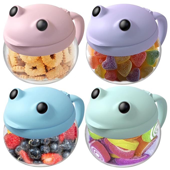 SELEWARE Spill-Proof Toddler Snack Cups 4-Pack - No Mess Snack Catcher with Handle, BPA-Free Tritan & Silicone - No Spill Snack Container for Kids, Baby & Toddlers - Cute Frog Design, Dishwasher Safe