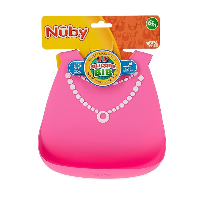 Nuby 3D Soft Silicone Baby Bib with Scoop - Silicone Bib for Toddlers and Babies 6+ Months - Pearl Necklace