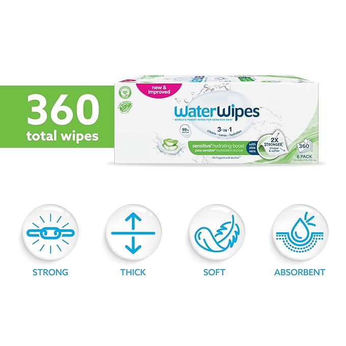 WaterWipes Sensitive+ Hydrating Boost Wipes, 3-In-1 Cleans, Cares, Hydrates, 99% Water with Aloe Vera, Unscented & Hypoallergenic Baby Wipes, 360 Count (6 Packs)