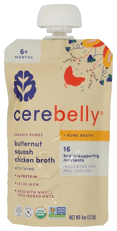 Cerebelly Organic Baby Food Pouches, Butternut Squash Chicken Bone Broth with Thyme, 16 Nutrients, Protein & Healthy Fats, 4oz, 1 Count