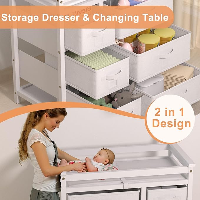 YUFU Changing Table, Nursery Dresser with 6 Storage Drawers, Safety Rails & Strap, Baby Diaper Changing Station, White