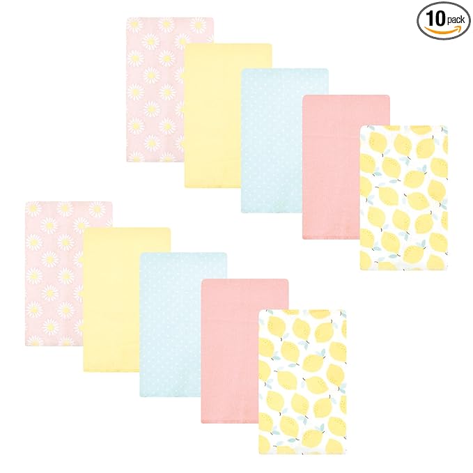 Hudson Baby Unisex Baby Cotton Flannel Burp Cloths, Lemon Daisy 10 Pack, One Size