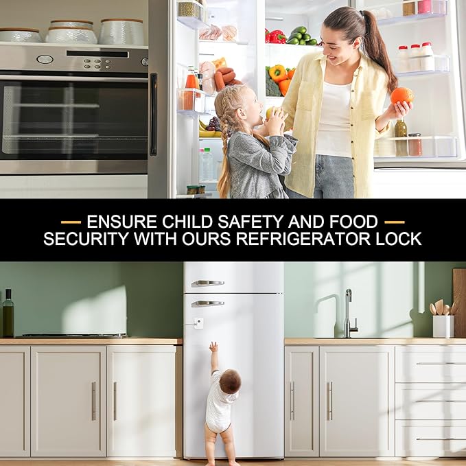 Fridge Lock, 2PCS Upgraded Refrigerator Lock for Freezer, Cabinets and Drawers, Air Fryer, Closets, Windows, Doors, Durable ABS with Adhesive Backing, Easy Install, No Tools Needed, White