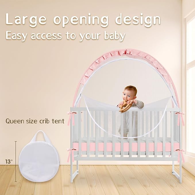 Crib Tent to Keep Baby from Climbing Out - Mesh Pop Up Climbing Prevention With Two-Way Self-Locking Metal Zipper (Pink, Lager)