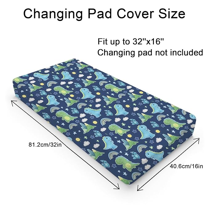 Dinosaur Rainbow Diaper Changing Pad Cover Sheets for Boy Girl 32''x16'' Cartoon Dino Sun Star Cactus Mountain Unisex Fitted Change Table Pad Covers Comfort Soft Breathable Baby Changing Table Mats