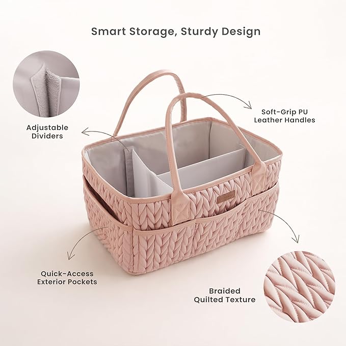 Konssy Braided Quilted Diaper Caddy Organizer, Boho Nursery Storage Basket with PU Leather Handles, Water-Repellent Portable Diaper Basket for Changing Table, Newborn Essentials (Blush)