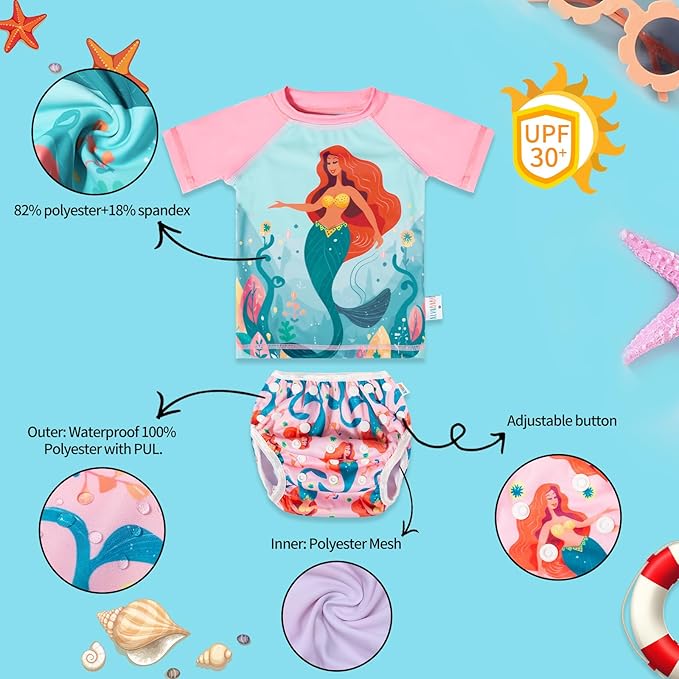 ALVABABY Baby Girl Swimsuit, 2-Piece Infant Toddler Bathing Short Sleeve Swimwear, Large Baby Reusable Swim Diaper with Matching Top