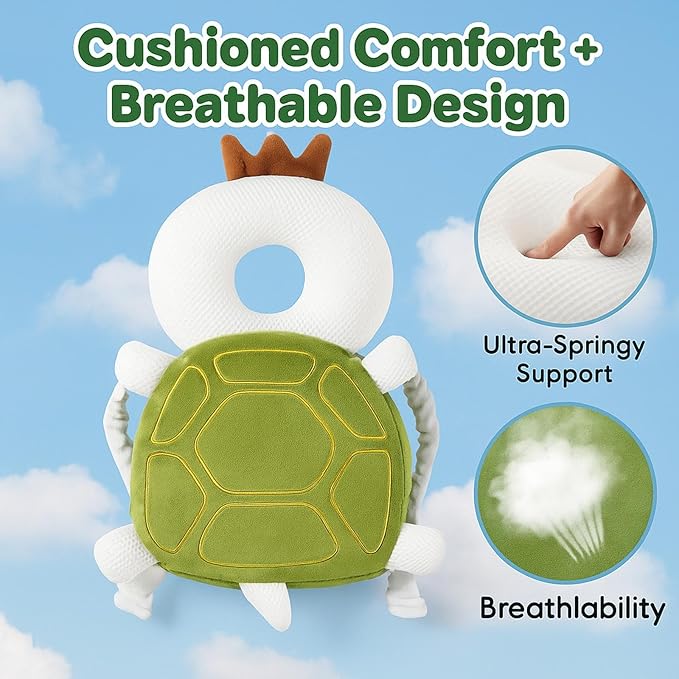 NAZO Baby Head Protector Backpack – Soft Infant Safety Pillow for Fall Protection – Cushions Toddler’s Head While Crawling and Walking – Baby Fall Back Support (Turtle)