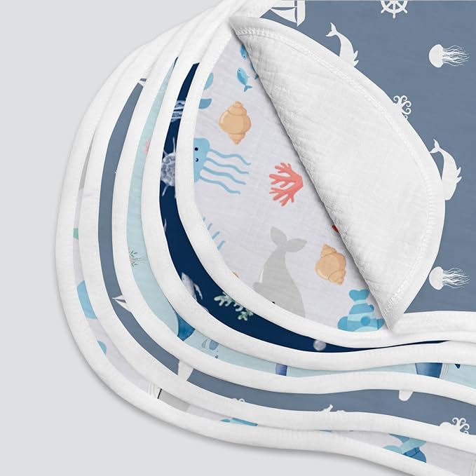 5-Pack Baby Burp Cloths for Boys,100% Muslin Cotton Super Absorbent Burping Rags, Ultra Soft Large Washcloths with Whale & Seahorse Ocean Prints, Newborn Essentials Gift Set