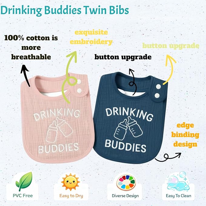 Twin Bibs – Ultra-Soft Cotton Yarn Twin Baby Bibs - 'Drinking Buddies' Design, High Absorbency, Perfect Infant Gift