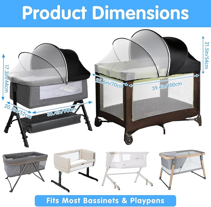 Pack N Play Tent Cover - Half-Blackout Mosquito Net for Crib & Playpen, Baby Bassinet Cover for Cats with 2-Way Zipper, Sun-Blocking Bug Net for Travel Crib (Black-Large)