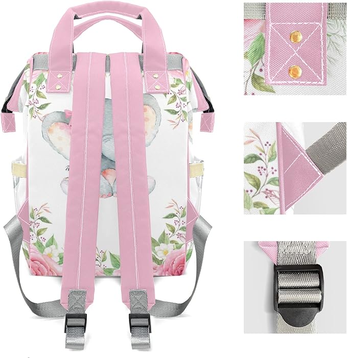 Pink Rose Elephant Diaper Bag Backpack Tote Custom with Name Multifunction Waterproof Travel Back Pack Diaper Bag Gifts Backpack for Men Women 10.8"x7.8"x15.7"