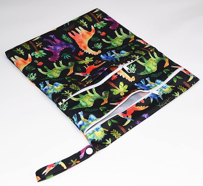 Wet Dry Bag Baby Cloth Diaper Nappy Reusable Washable With Two Zippered Pockets (Dinosaurs Coconut Trees)