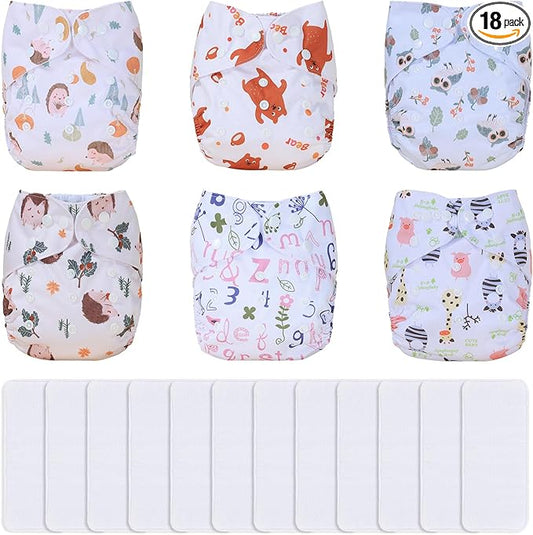 TDIAPERS Cloth Diapers Reusable Washable Pocket Diapers Cover One Size Adjustable for Baby 6 Pack with 12 Inserts