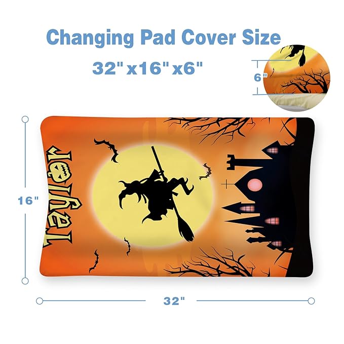 KAINSY Personalized Halloween Changing Pad Cover, Custom Diaper Change Table Sheets with Name, Witch Print Soft Jersey Knit Change Table Sheets for Toddler, 2 Pack Changing Pad Covers (16" x 32")