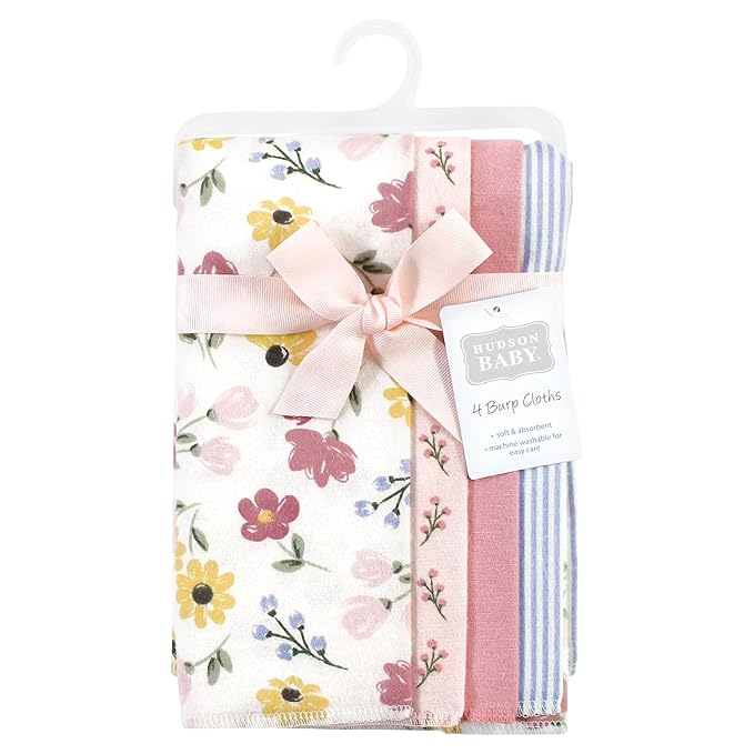 Hudson Baby Unisex Baby Cotton Flannel Burp Cloths, Soft Painted Floral 4 Pack, One Size