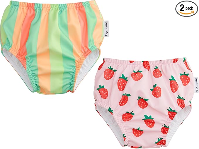 Tiny Twinkle Pull-Up Reusable Swim Diapers 2-Pack | Waterproof and UPF 50+ Sun Protection | Lightweight and Absorbent | Machine Washable(Sherbet Stripes,Strawberries,12-18M)