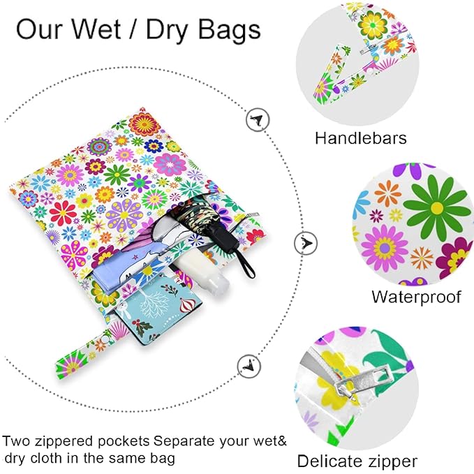 visesunny Colored Little Flower 2Pcs Wet Bag with Zippered Pockets Washable Reusable Roomy for Travel,Beach,Pool,Daycare,Stroller,Diapers,Dirty Gym Clothes, Wet Swimsuits, Toiletries