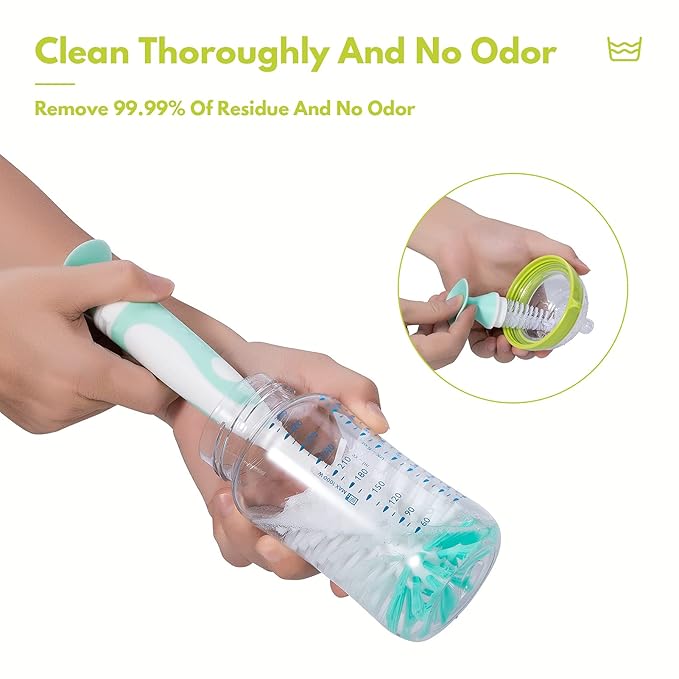 CAREBABYMORE Baby Bottle Brush with One Base Hidden Nylon Nipple Cleaner, 2 Pcs Sponge Nipple Brushes, 2 Pcs Straw Brushes, Bottle Brush with Nipple Cleaner and Suction Cup (Yellow)