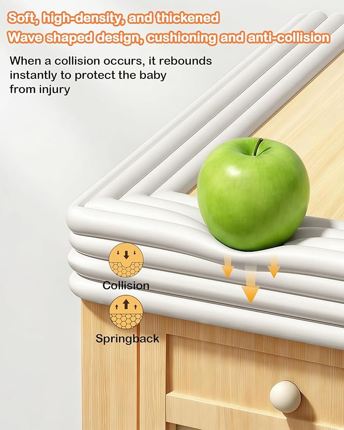 Corner Protector Baby, 16.5FT 0.4''Th W-Shape Edge Protector for Baby Proofing 4'' Wide Foam Fireplace Cushion Pre-Taped Safety Guard Bumper Pad for Furniture Wall Stair Door (White)