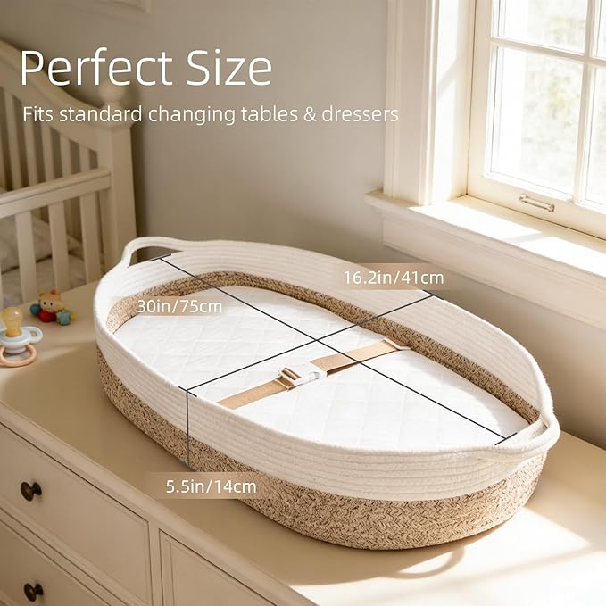Baby Changing Basket with Diaper Changing Pad, Breathable & Waterproof Dual-Cover Foldable Portable Travel Cotton Rope Baby Changing Mat for Dresser & Table Gift for Baby Shower