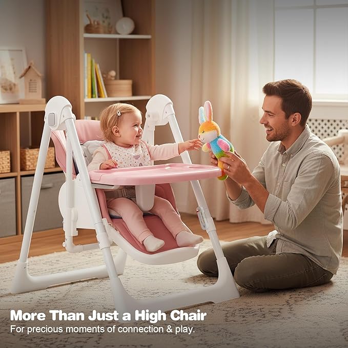 High Chairs for Babies and Toddlers Foldable High Chair Adjustable with Reclining Seat & Leg Rest, 3-in-1 Convertible Baby Rocker with Tool-Free Assembly (Pink)
