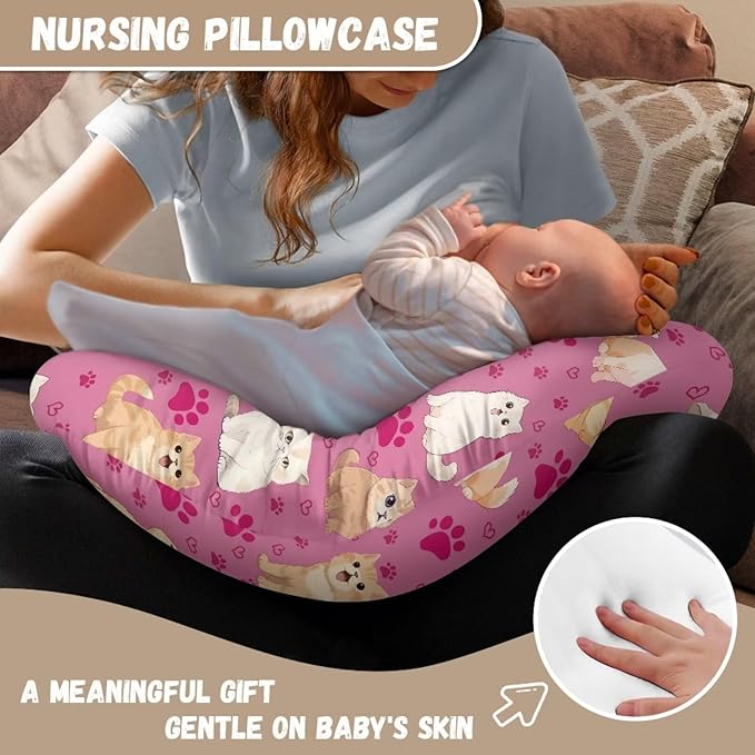 Cartoon Cat Pink Nursing Pillow Slipcover Ultra Soft Comfortable Fabric Breastfeeding & Bottle Feeding Pillow Case for Home Car Sofa Decor, Easy to Put On & Take Off