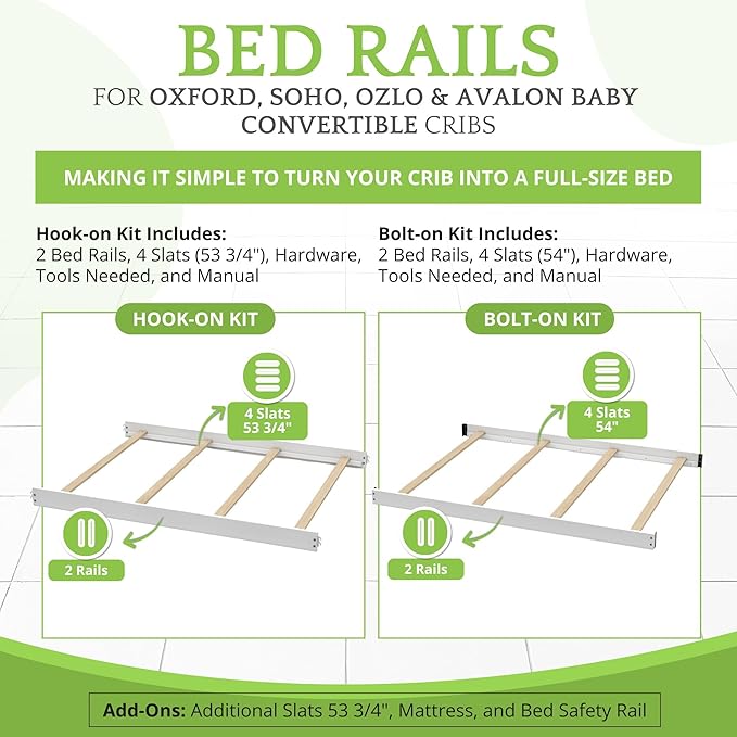 Full-Size Conversion Kit Bed Rails for Oxford, Soho, Ozlo & Avalon Baby Convertible Cribs - Solid Wood - Toddler and Adult Rail for Full-Size Bed - Nursery and Baby Furniture (White, Hook-On Kit)