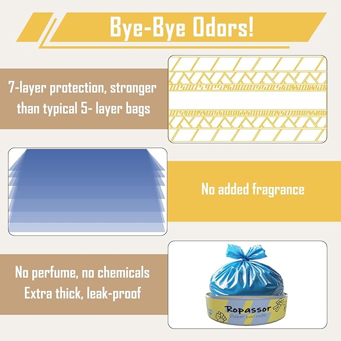 Diaper Pail Refill Bags for Munchkin Step Diaper PailGenie & Complete/Expressions (1120count) 4 Packs, 7-Layer Odor-Absorbing, Comes with One Disposable Diaper Poop Bags