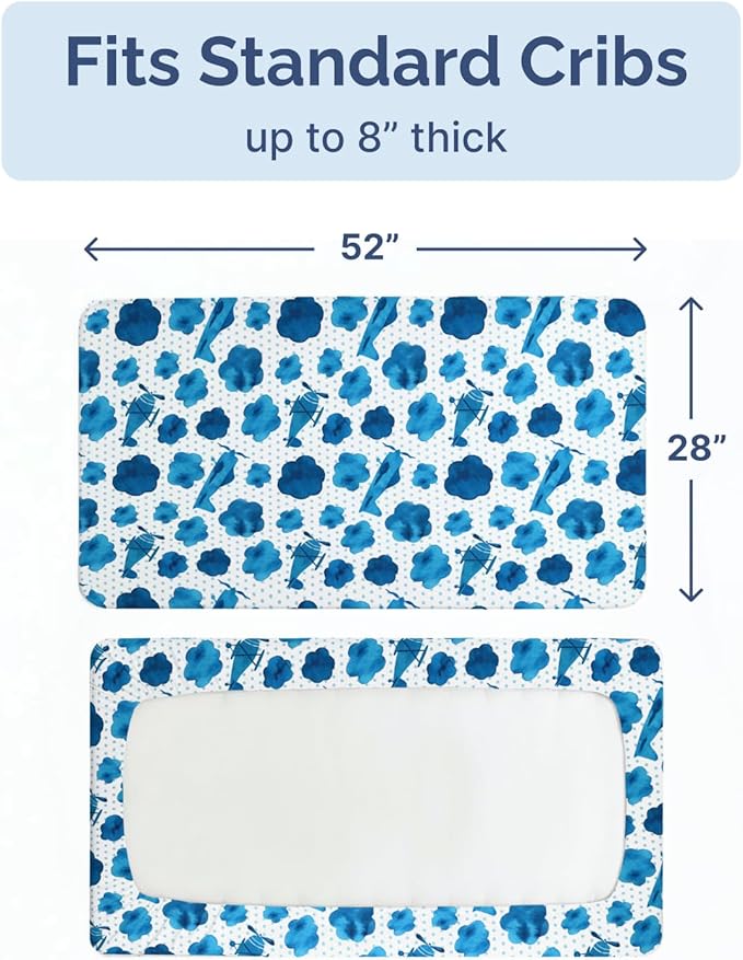 Baby Crib Sheets for Boys & Girls - Pack of 2 Fitted Microfiber Crib Sheets for Standard Crib & Toddler Mattress - Soft, Breathable & Wrinkle Free - Machine Washable, Oeko Tex - 52x28x8in - Plane Sky